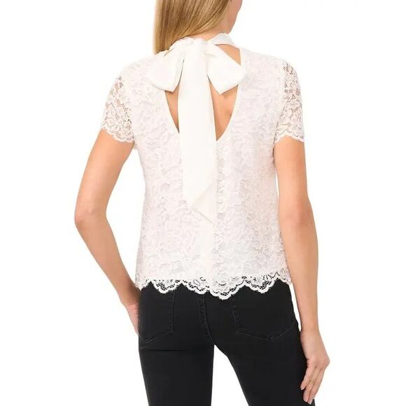 CeCe Women White Lace Mock Neck Back Tie Cap Short Sleeve Elegant Blouse Size M - Picture 2 of 3